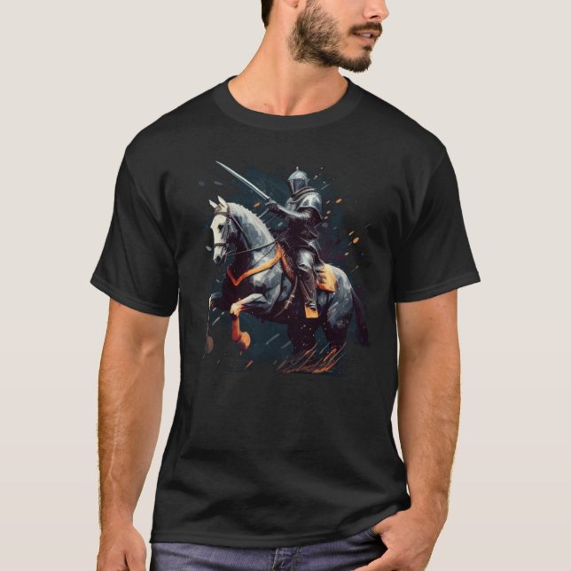 Cool medeltida riddare i rustning häst och lans t shirt (Framsida)
