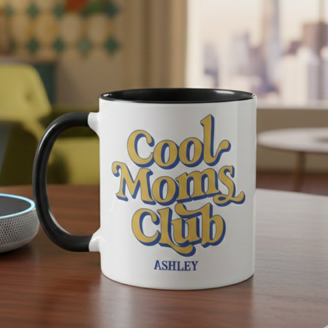 Cool Moms Club Retro Gul Blå Kaffe Typografi Mugg (Skapare uppladdad)