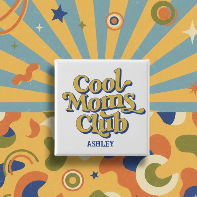 Cool Moms Club Trendig Mamma Citat Blå Gul Retro Knapp (Skapare uppladdad)
