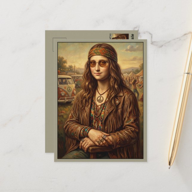 Cool Mona Lisa Hippie Husbil Vykort (Fram/Back In Situ)