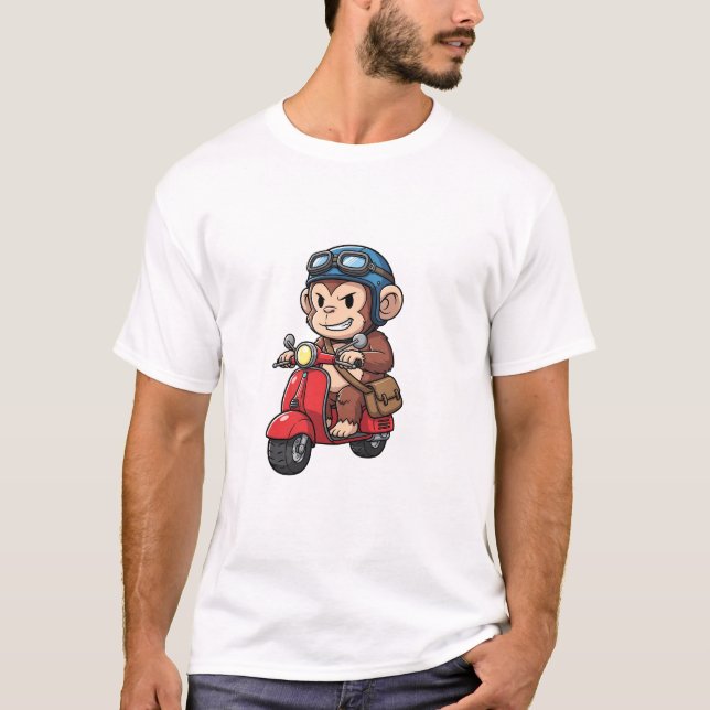 Cool Monkey Courier Riding Red Retro Scooter T Shirt (Framsida)