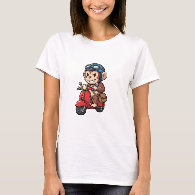Cool Monkey Courier Riding Red Retro Scooter T Shirt (Framsida)