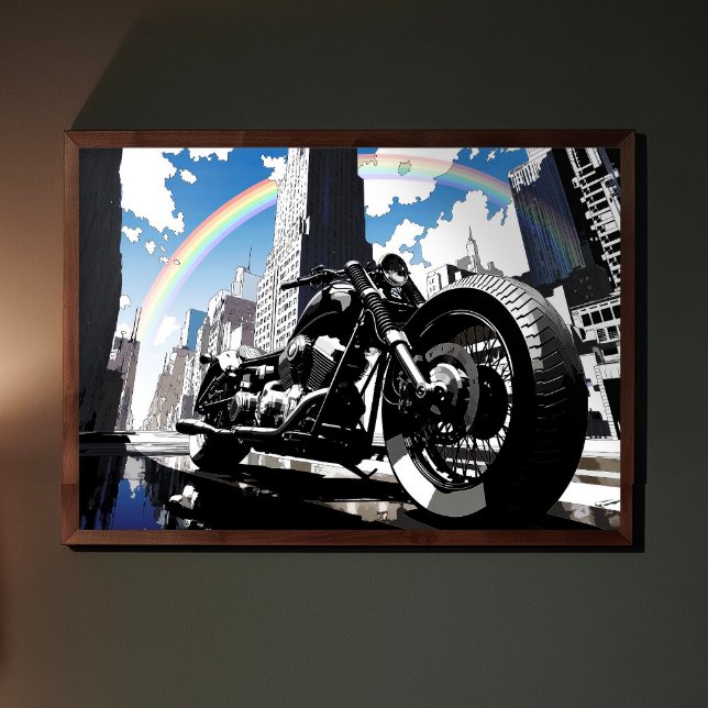 Cool Motorcycle with Rainbow Pop Art Garage Art Poster (This image shows the product with a frame attached; the frame is not included.)