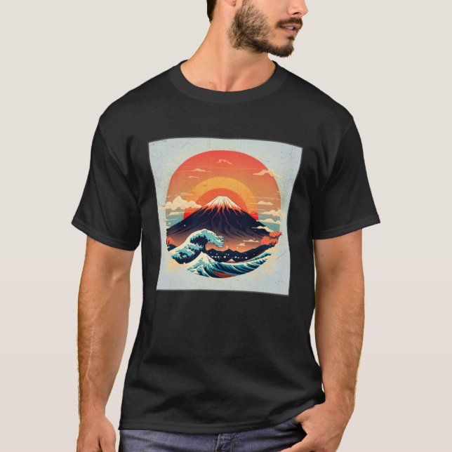 Cool Mt Fuji Big Waves Illustration Sea Sunset Wom T Shirt (Framsida)