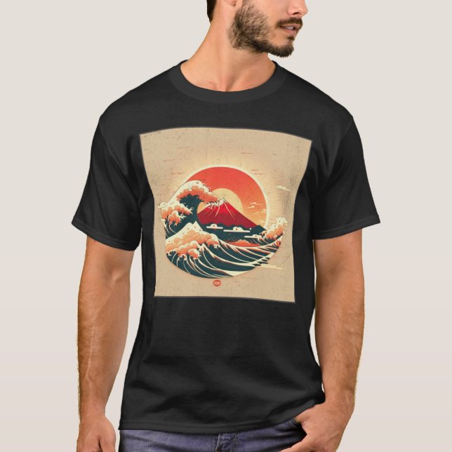 Cool Mt Fuji Big Waves Illustration Sea Sunset Wom T Shirt (Framsida)