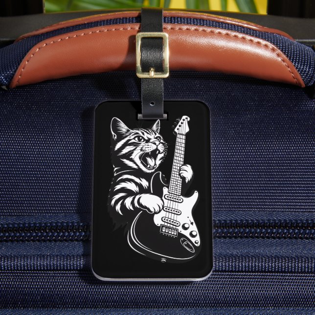 Cool Music Love | Rock Cat Playing Electric Guitar Bagagebricka (Framsida Insitu 2)