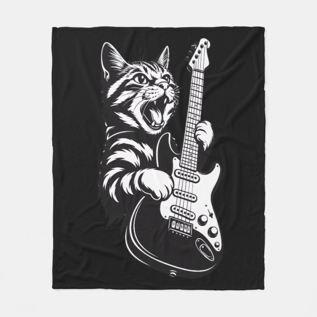 Cool Music Love | Rock Cat Playing Electric Guitar Fleecefilt (Framsidan)