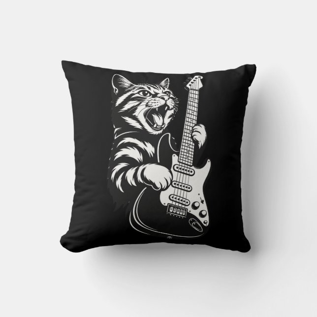 Cool Music Love | Rock Cat Playing Electric Guitar Kudde (Framsida)