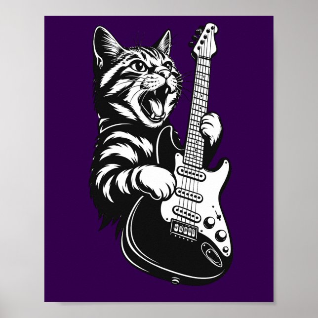 Cool Music Love | Rock Cat Playing Electric Guitar Poster (Framsidan)
