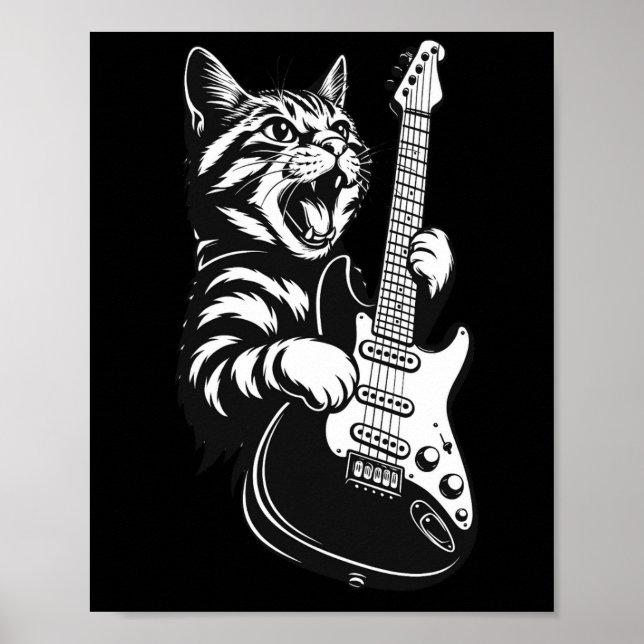 Cool Music Love | Rock Cat Playing Electric Guitar Poster (Framsidan)