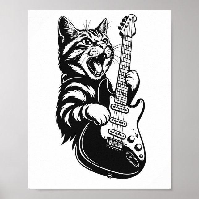 Cool Music Love | Rock Cat Playing Electric Guitar Poster (Framsidan)