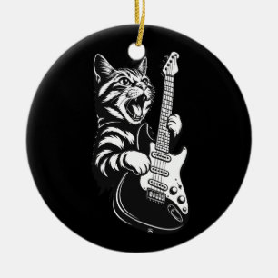 Cool Music Love Rock Katt Spelar Elgitarr Julgransprydnad Keramik