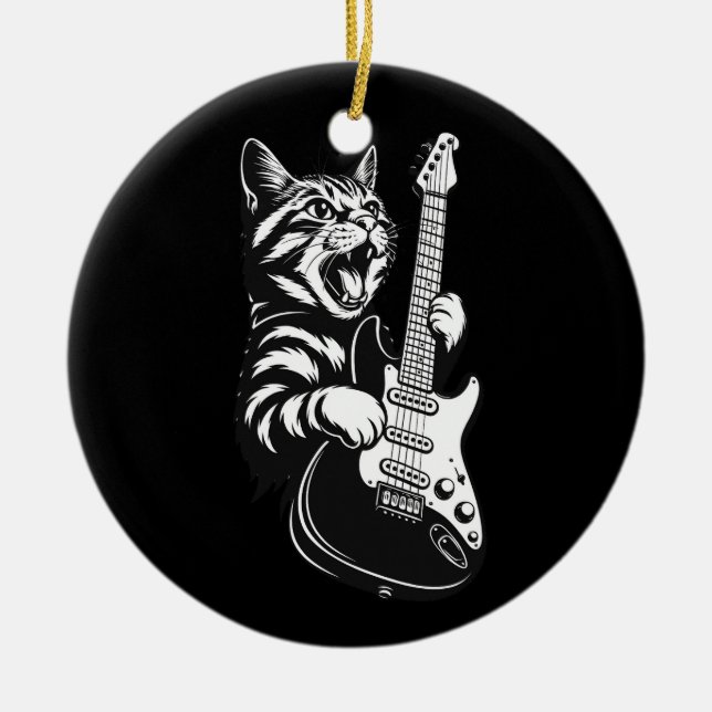 Cool Music Love | Rock Katt Spelar Elgitarr Julgransprydnad Keramik (Framsidan)