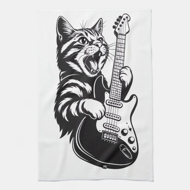 Cool Music Love | Rock Katt Spelar Elgitarr Kökshandduk (Vertikal)