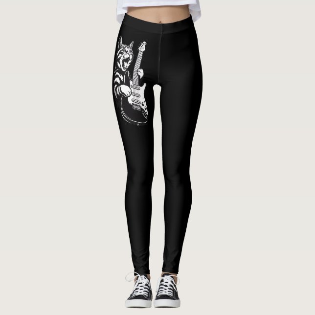 Cool Music Love | Rock Katt Spelar Elgitarr Leggings (Framsida)