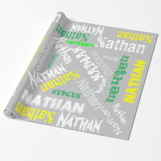 Cool Namnkollage Modern Typografi Anpassad Grå Presentpapper (Utrullad)