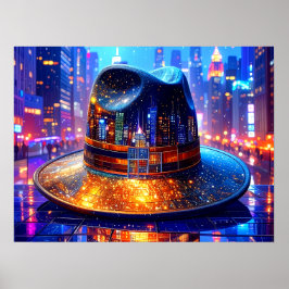 Cool New York City Hat in a NYC Street Nightscape Poster