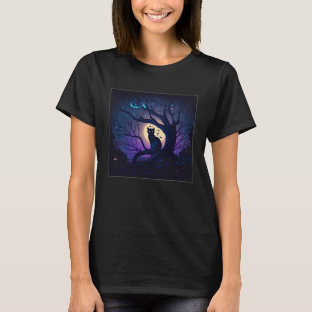 Cool Night Cat Illustration Moon Tree Unique Women T Shirt (Framsida)