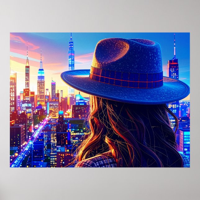 Cool NYC Girl in Fedora Nightscape Buildings Art Poster (Framsidan)