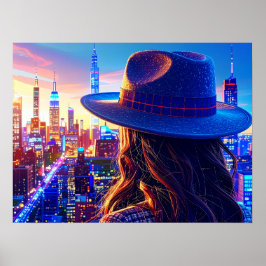 Cool NYC-tjej i Fedora Nattlandskap Byggnader Kons Poster