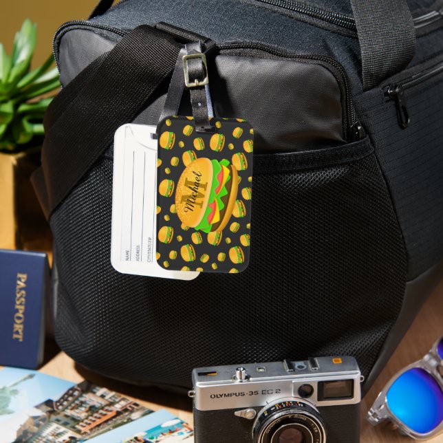Cool och rolig läcker hamburgermönster Monogram Bagagebricka (Framsida & Baksida)