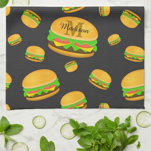 Cool och rolig läcker hamburgermönster Monogram Kökshandduk (Vikta)