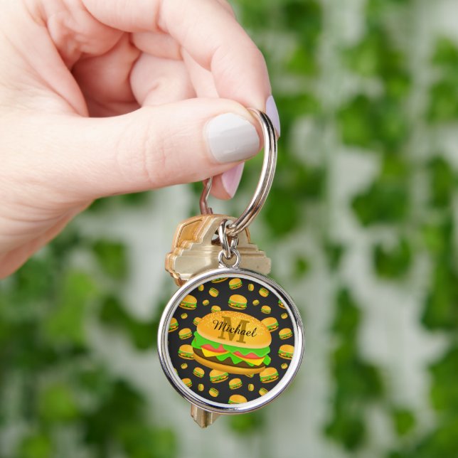 Cool och rolig läcker hamburgermönster Monogram Rund Silverfärgad Nyckelring (Hand)