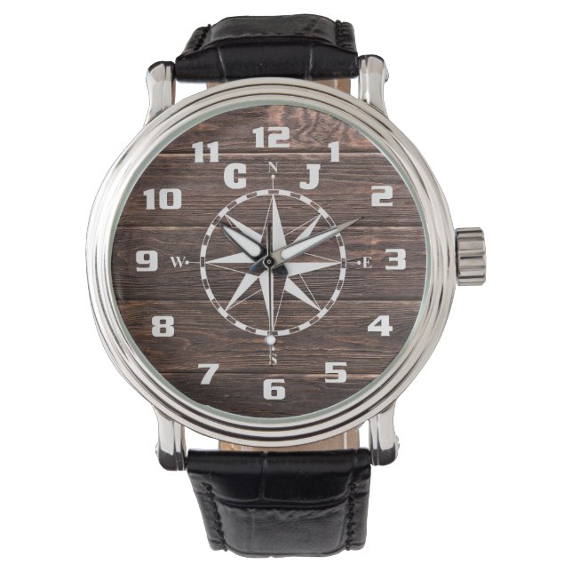 Cool och stilren Rustik Kompass Monogram Armbandsur (Framsida)