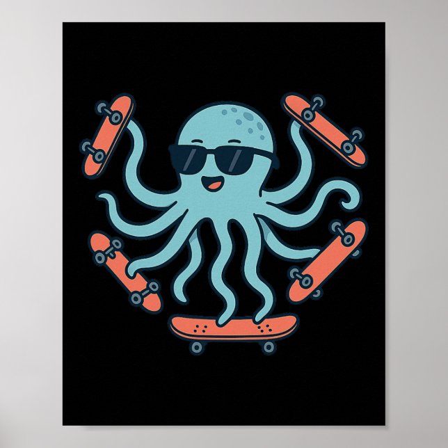 Cool Octopus Skateboarding Cartoon  Poster (Framsidan)