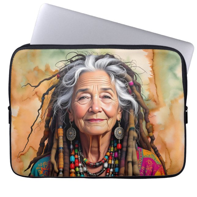 Cool Old Lady in Dread Locks Hippie Woman Blank Laptop Fodral (Framsidan)