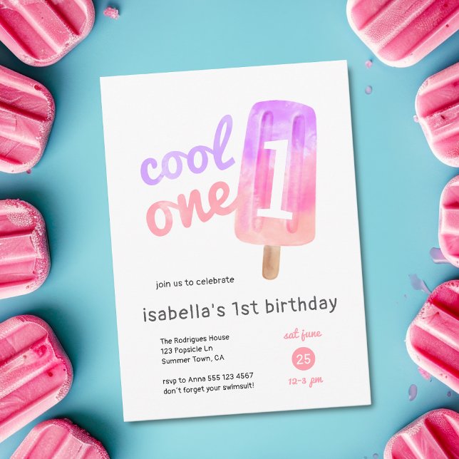 Cool One Popsicle Flicka 1-årsdag Inbjudningar ( Invite shown in 5 x 7 inches, choose size, paper + corner style. Get prints or digital invitations.)