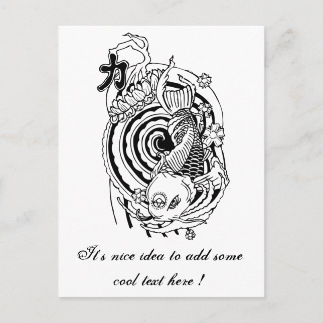 Cool Oriental Svart Vit Koi Fisk tatuering Vykort (Framsida)