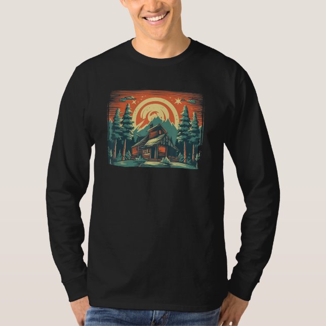 Cool Outdoor House in Mountains for Hostel T Shirt (Framsida)
