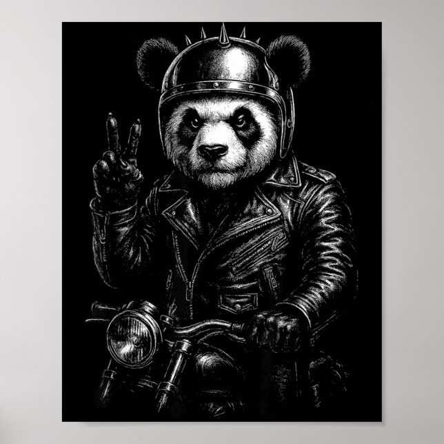 Cool Panda Punk Peace Sign Motorcycle  Poster (Framsidan)