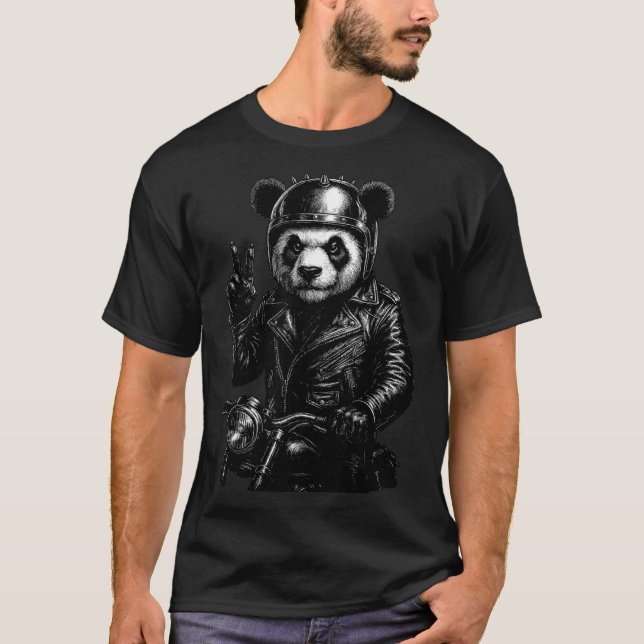 Cool Panda Punk Peace Sign Motorcycle  T Shirt (Framsida)