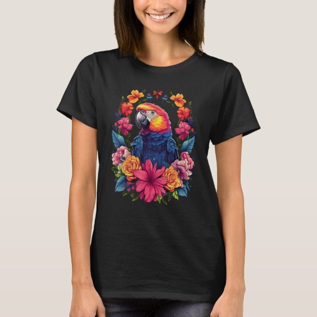 Cool papegoja omgiven av blommor Ägare älskare trä T Shirt (Framsida)