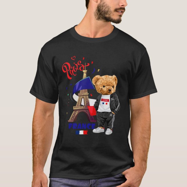 Cool Parisian Teddy Bear in Pari Eiffel Tower Outf T Shirt (Framsida)