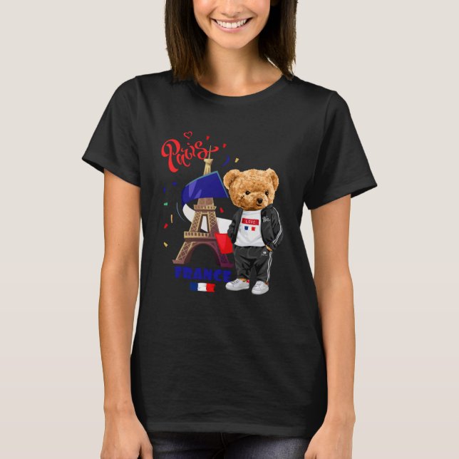 Cool Parisian Teddy Bear in Pari Eiffel Tower Outf T Shirt (Framsida)