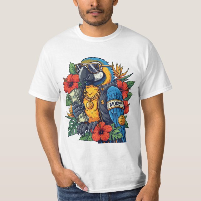 Cool Parrot with Cash – Tropical Rich Vibes T-Shir T Shirt (Framsida)