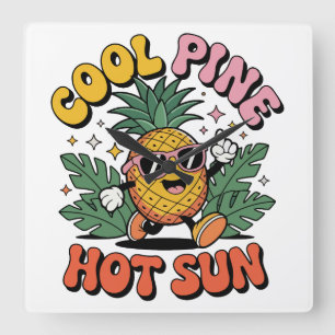 Cool Pine Hot Sun Retro Pineapple Sommar Vibes Fyrkantig Klocka