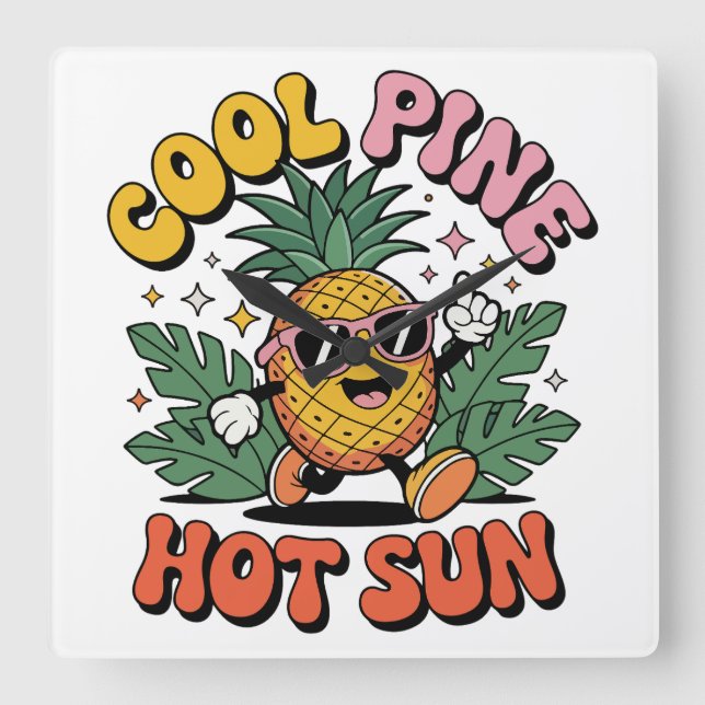 Cool Pine Hot Sun Retro Pineapple Sommar Vibes Fyrkantig Klocka (Framsida)