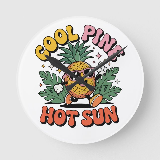 Cool Pine Hot Sun Retro Pineapple Sommar Vibes Rund Klocka (Framsida)