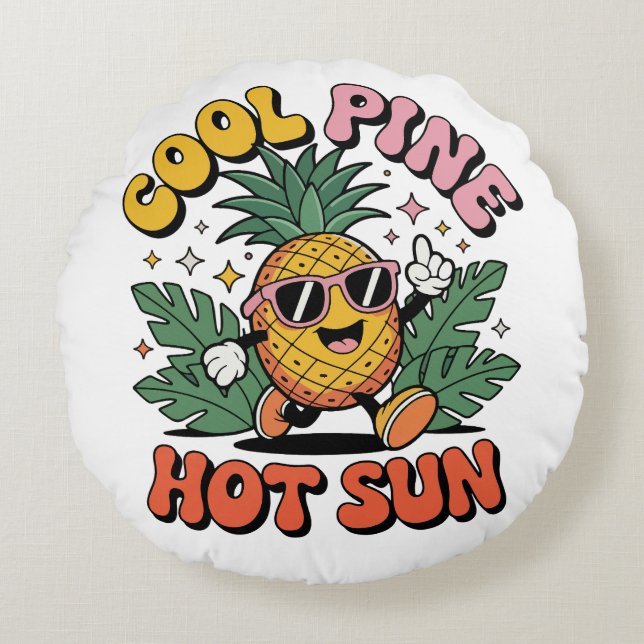 Cool Pine Hot Sun Retro Pineapple Sommar Vibes  Rund Kudde (Framsidan)
