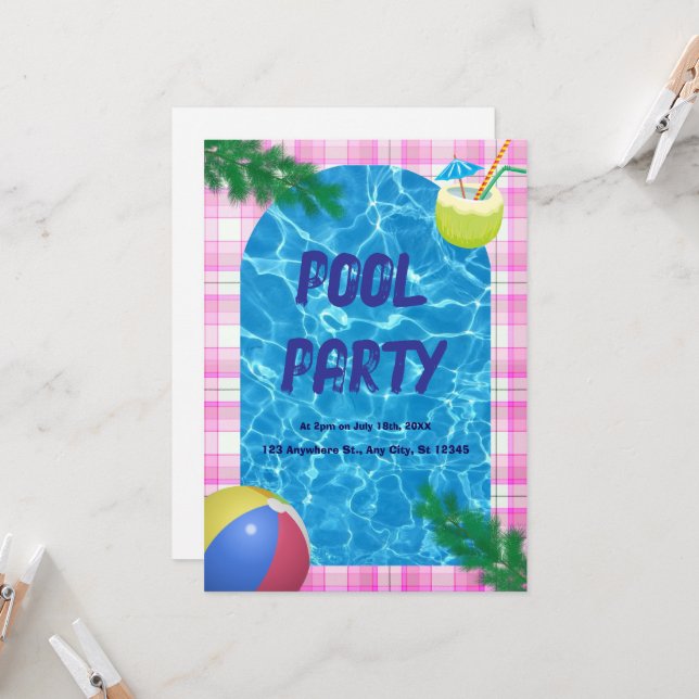 COOL! 🏖️Plaska in i sommaren – Poolparty-inbjudan Inbjudningar (Fram/Back In Situ)