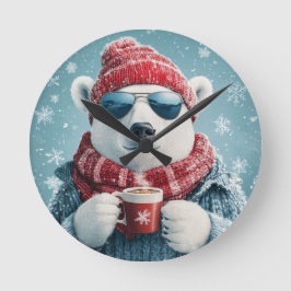 Cool Polar Bear Wall Clock with Hot Cocoa - Fun Wi Rund Klocka