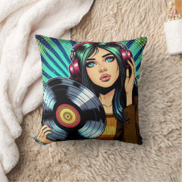 Cool Pop Art Series Stil Tecknad Tjej med Vinylalb Kudde