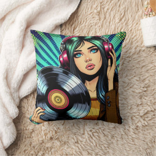 Cool Pop Art Series Stil Tecknad Tjej med Vinylalb Kudde