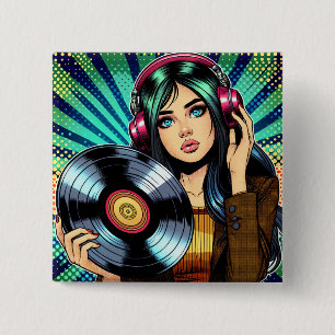 Cool Pop Art Serieskt Stil Flicka med Vinylalbum Knapp