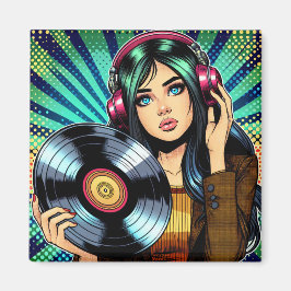Cool Pop Art Seriesktil flicka med vinylalbum Magnet