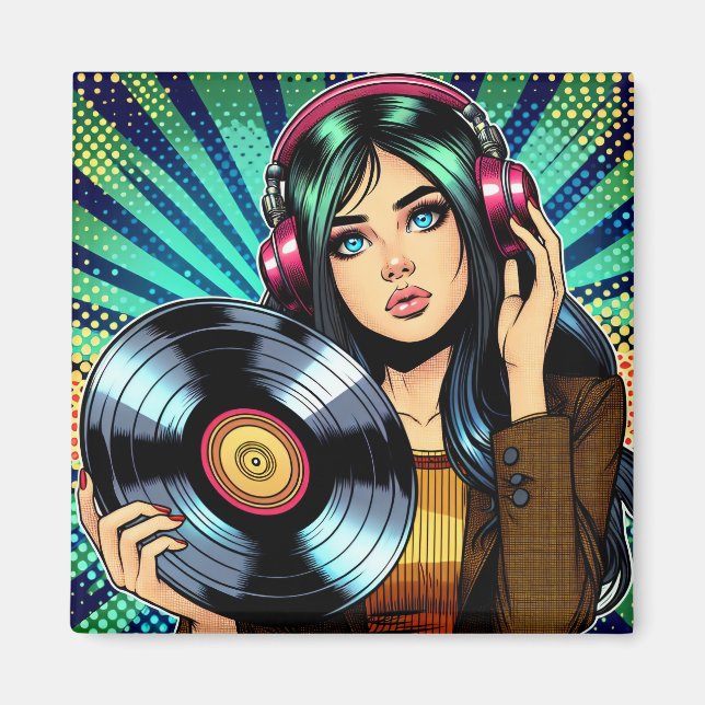 Cool Pop Art Seriesktil flicka med vinylalbum Magnet (Framsidan)